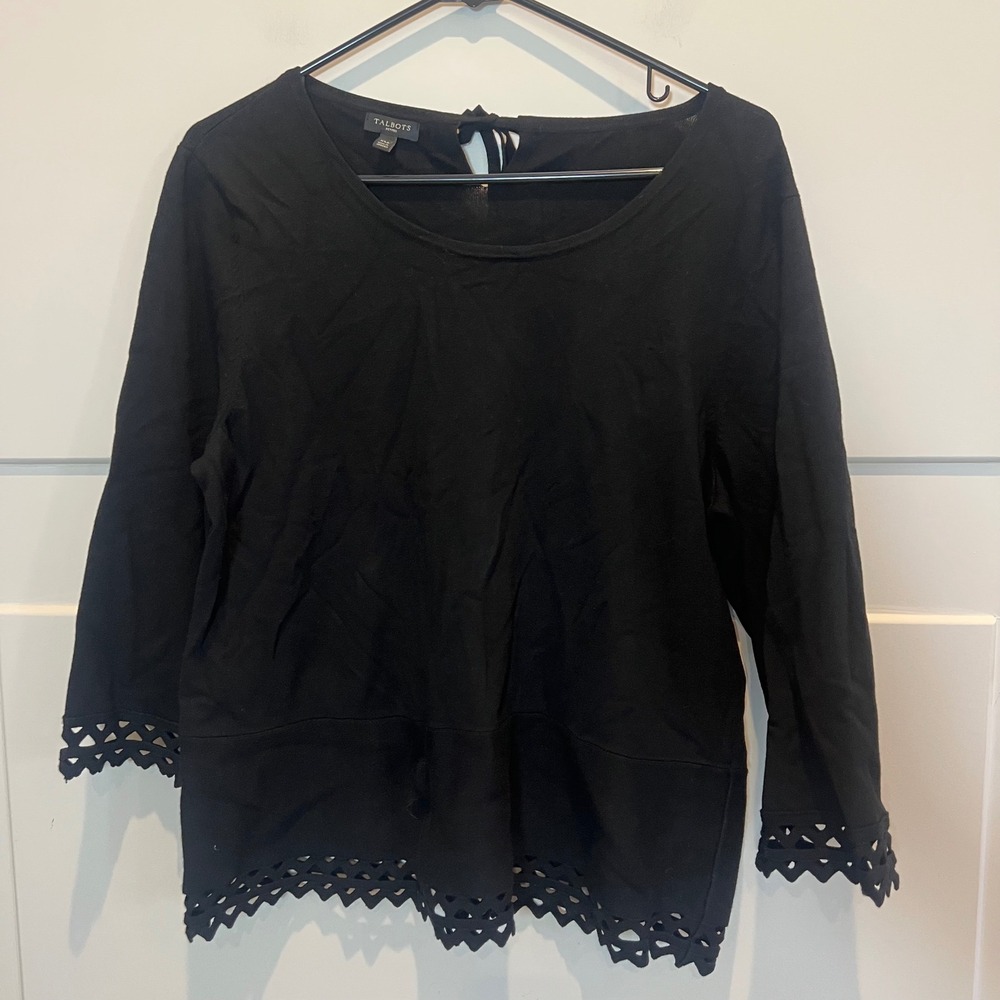 Talbots Petites Black Long Sleeve Top Womens XL Petite Laser Cut Hem Tie Back